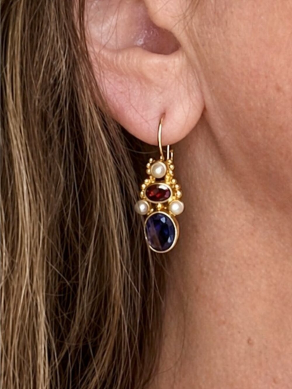Vintage 925 Gold Vermeil Garnet Iolite Pearl Drop Earrings Victorian Reviva